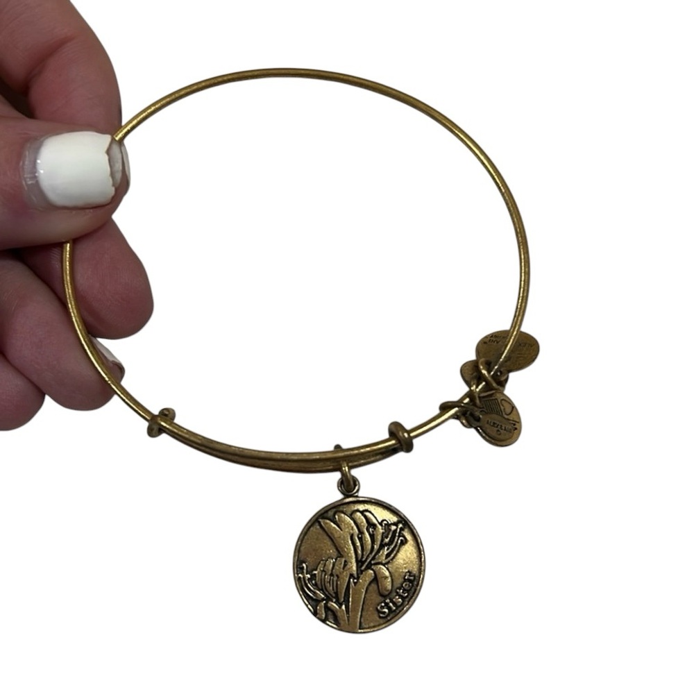 Vintage Alex and Ani Dangle Drop Charms Sister Bangle Bracelet Gold Adjustable